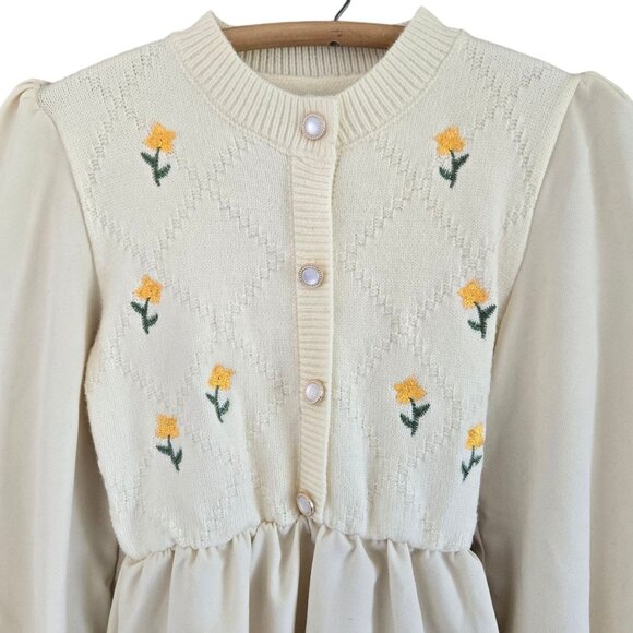 Vintage Sweater Top Knit Dress Cream with Floral Embroidery Pearl Buttons Midi - Picture 3 of 7